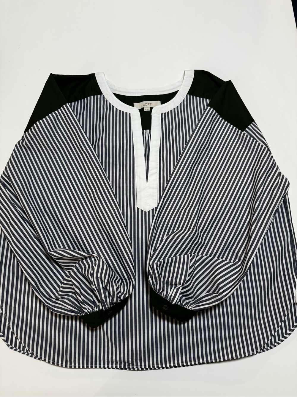 LOFT striped cotton blouse XL with voluminous sleeves and green accents - Picture 2 of 10